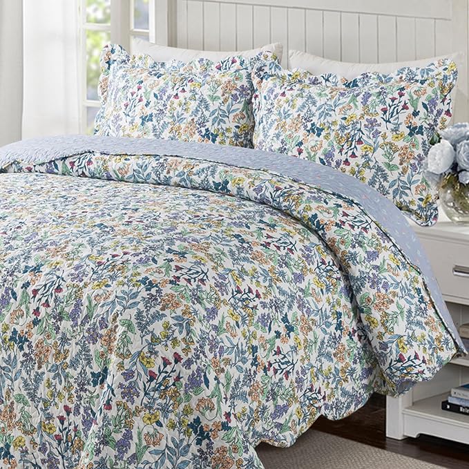 Travan 3-Piece Quilt Set Quilted Bedspread Lightweight Coverlet Set Garden Style Floral Printed Oversized Quilted Bedding Set for All Season, Secret Garden, Queen Size