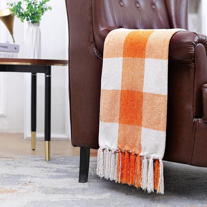 Orange White Buffalo Plaid Decor Blanket, Lightweight Soft Chenille Check Knitted Rustic Farmhouse Throw with Tassels for Couch Sofa Chair Bed Office Home, 60" x 80"