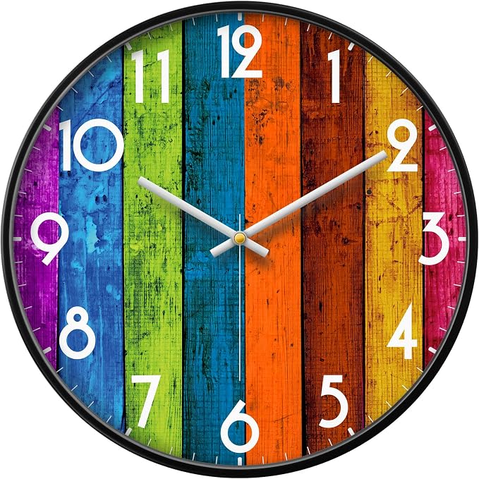Silent Non-Ticking Analog Wall Clock, Colorful Wood Print, 12'' | Battery Operated, Modern, Metal Frame & HD Tempered Glass, Decorative for Home & Office, Bedroom, Kitchen, Living Room