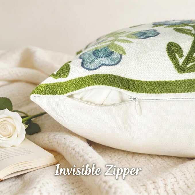 Alysheer Floral Embroidered Summer Decorative Throw Pillow Covers 20"x 20" Set of 2, Farmhouse Cottage Blue Flowers Green Leaves Knit Pattern Cotton Canvas Cushion Case for Couch Bed Living Room