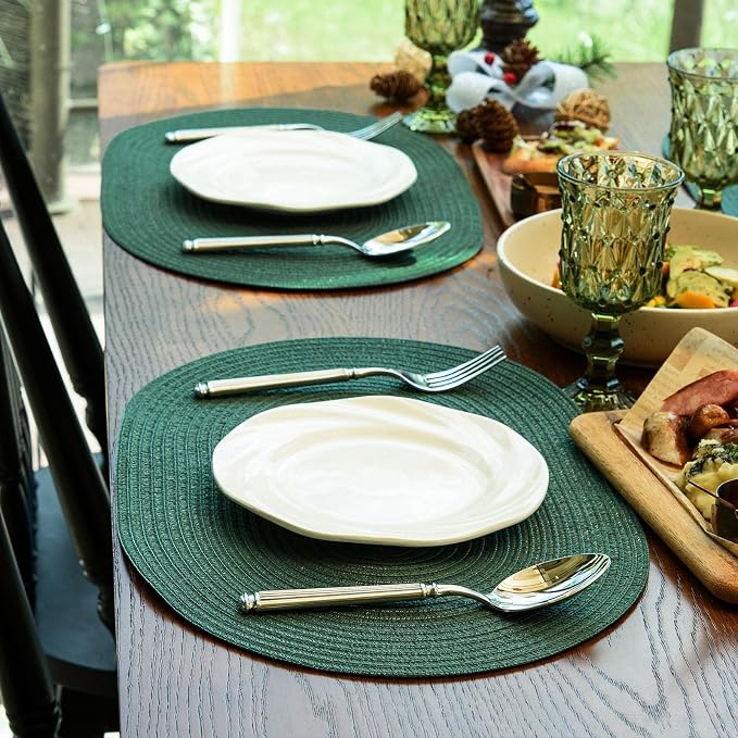 Placemats Set of 4, Woven Oval Braided Dining Table Mats(Sage Green) | 12 x 17.5 Inch Size Fits Plates and Flatware; Hand Washable and Heat Resistant for Kitchen Use, with Farmhouse and Boho Style