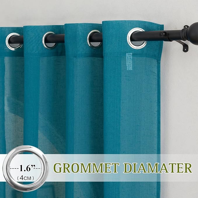 NICETOWN Semi Sheer Curtains Flax Linen Texture, (Peacock Green) Grommet Retro Window Treatment Linen Weave Vertical Drapes Privacy with Light Filter for Living Room, 2 Panels, W52 x L84