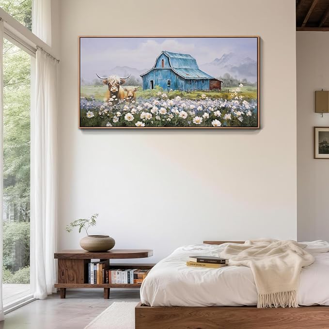 Anolyfi Highland Cow Farmhouse Wall Art for Living Room, Blue Barn Paintings Warm and Cozy Decor for Bedroom Dining Room Home Hallway, Framed 40"x20"