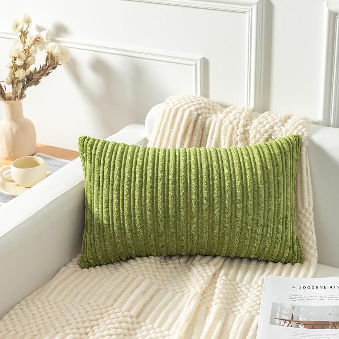 Kevin Textile Striped Corduroy 12”x20” Pillow Covers 2 Pack, Green