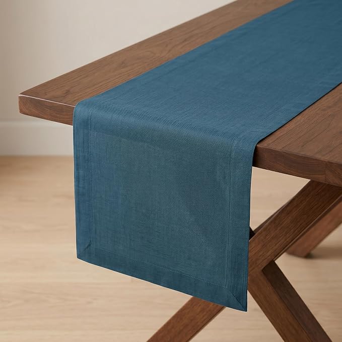 Solino Home 100% Linen Table Runner Peacock Blue Woven, Fete 14 x 72 in | brings a tailored look to family meals and hosting, European flax fibres, naturally breathable, soft, OEKO-TEX Certified
