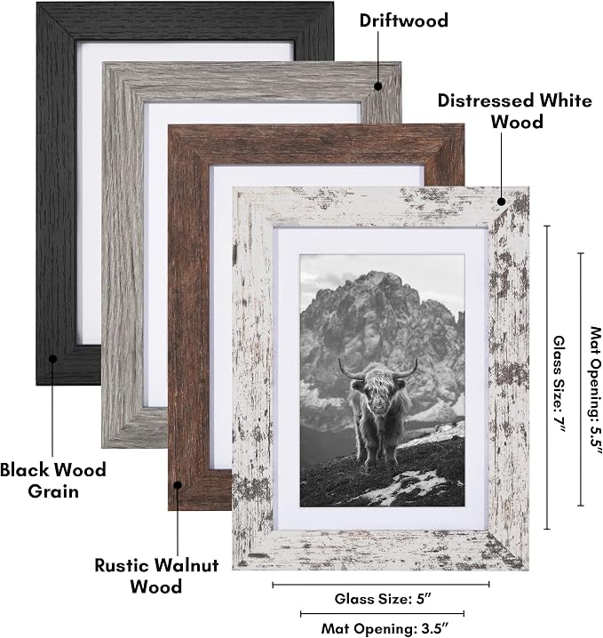 Americanflat Rustic 5x7 Picture Frame Set of 4 - Use as 4x6 Picture Frame with Mat or 5x7 Frame Without Mat - Photo Frame with Textured Engineered Wood, Shatter Resistant Glass, and Easel