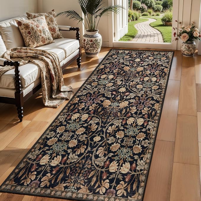 Ciicool 2x6 Runner Rug Non Slip，Floral Washable Kitchen Rugs for Hallways | Entryway Rug for Laundry Bedroom Bathroom Bedside,Boho Soft Low Pile Carpet Indoor Floor Mat Decor