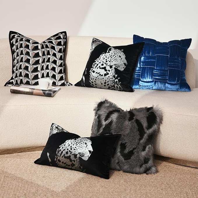 Velvet Throw Pillow Covers 18x18'' inches, New Upgrade Handmade Embroidered Cheetah Leopard Face Pillow Covers, Decorative Cushion Cover for Sofa Bed Living Room(Silver)