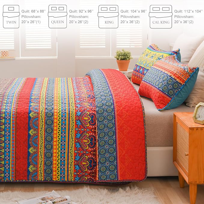 Exclusivo Mezcla Reversible Boho Quilts Queen Size Blue | Lightweight Soft Bedspreads, All Season Bohemian Coverlet Bedding Set, Printed Floral Pattern, 1 Quilt and 2 Pillow Shams