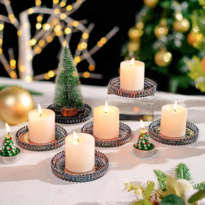 6 PCS Glass Pillar Candle Holder Plates, Black Crystal Candle Dish