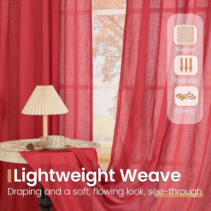 BGment Red Linen Curtains for Living Room 84 Inch Length - Semi Sheer Window Drapes Textured with Rod Pocket for Bedroom Decor Lightweight Light Filtering, 2 Panels Set, Each Panel 52 Inch Wide