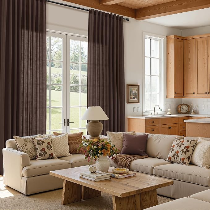 Linen Curtains 90 Inches Long for Living Room Semi Sheer Light Filtering Curtain Back Tab Rod Pocket Neutral Boho Modern Farmhouse Decor Window Drapes for Bedroom 52x90 2 Panels Coffee