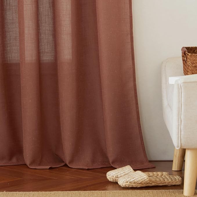 RYB HOME Sheer Curtains 102 inches, Extra Long Floor to Ceiling Curtains | Half Privacy, Light Filtering, Semi Sheer, Faux Linen Fabric, Living Room Bedroom, Back Tab, W52 x L102, 2 Panels, Terracotta