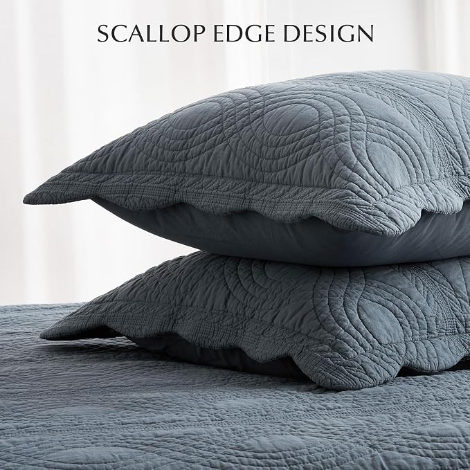 EverGrace 100% Cotton Scallop Quilt Set, Queen Size, Stormy Blue | Scalloped Border, Timeless Chic Aesthetic, All-Season Comfort, Perfect French Country Bedroom Decor, 3 Piece Set with 2 Shams