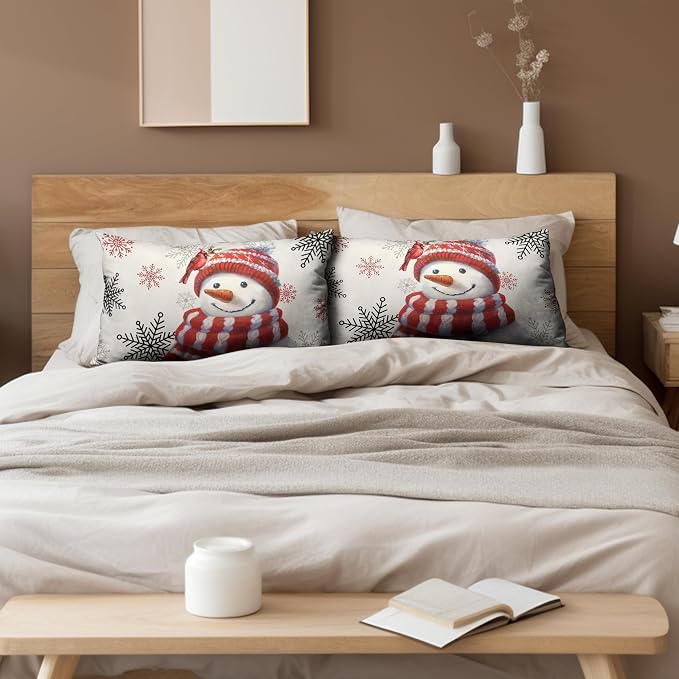 Snowman Lumbar Pillow Covers 12x20 Set of 2 Red Snowman with Cardinal Bird Snowflake Rectangle Cushion Case Christmas Winter Holiday Throw Pillowcases for Living Room Bedroom Sofa