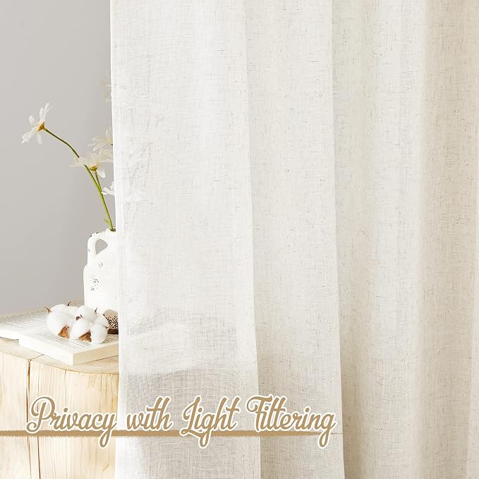 NICETOWN Linen Blend Living Room Curtains 84 inches Long, Rod Pocket & Back Tab Flax Linen Burlap Semi Sheer Drapes Privacy with Light Through Window Treatments for Bedroom, Natural, W42 x L84