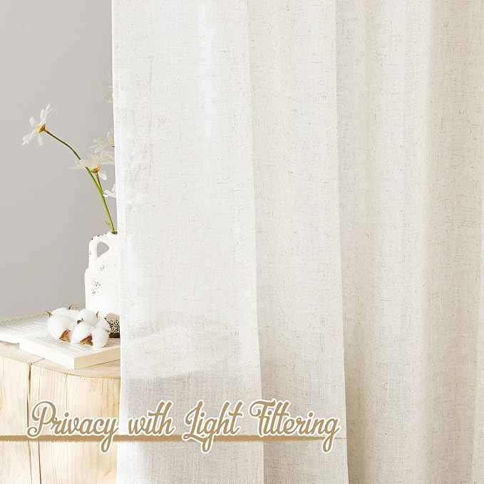 NICETOWN Linen Burlap Bedroom Curtains 63 inches Long, Grommet Semi Sheer Flax Linen Weve Drapes Privacy with Light Filtering Window Treatmentes for Kids Room, W36 x L63, Set of 2