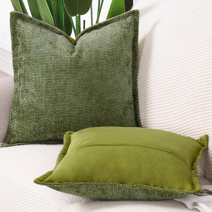 MADIZZ Decorative Chenille Velvet Throw Pillow Covers Set of 2 Soft Boho Textured Neutral Couch Throw Pillow for Bed Modern Farmhouse Home Decor for Sofa Livingroom Moss Green 24x24 Inch Euro Sham
