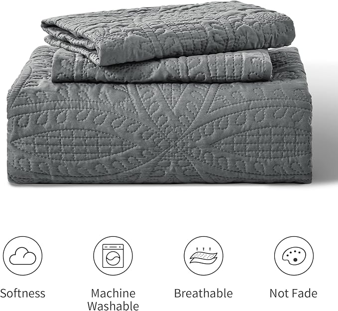 Love's cabin Quilts for Queen Bed Dark Grey Bedspreads Bedding Set - Lightweight Bedspread Comforter - Coin Pattern Bedding Coverlet for All Season - 3 Pieces (1 Quilt, 2 Pillow Shams)