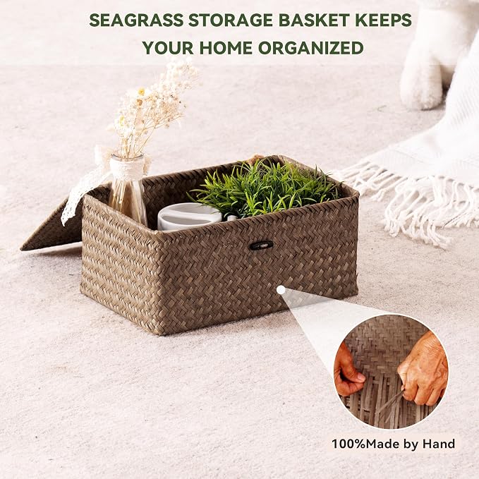 Nonam Small Wicker Basket with Lid,Seagrass Shelf Storage Basket,Coffee | Basket Container for Organizing, Boho Decorative Basket, Rectangular Household Storage Boxes for Home Organization
