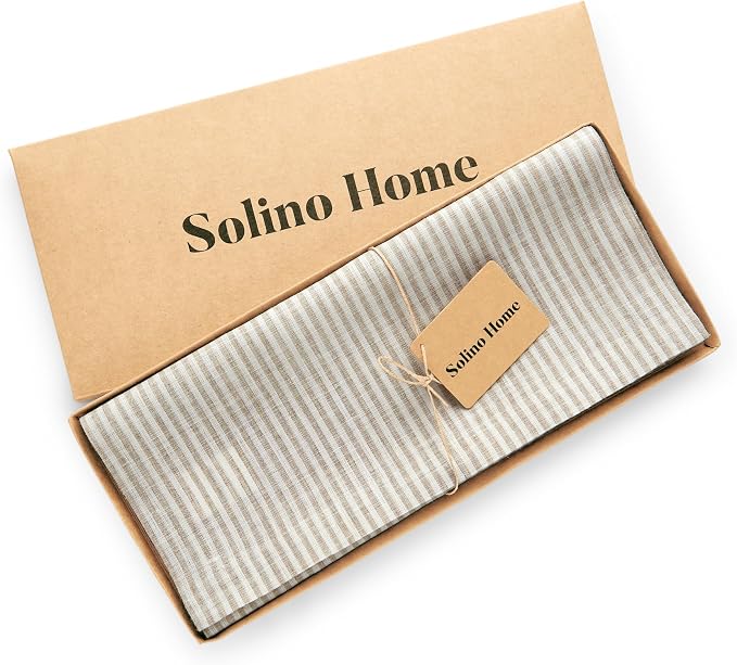 Solino Home 100% Linen Table Runner, 14 x 108 in, Natural and White Striped | Narrow Stripe, brings a tailored look to family meals and hosting, woven stripe, European flax fibres, OEKO-TEX Certified
