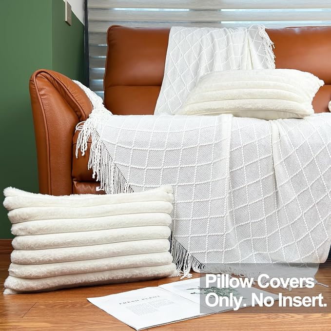 COTEY 12x20 Decorative Faux Fur Throw Pillow Covers Set of 2- Cream White