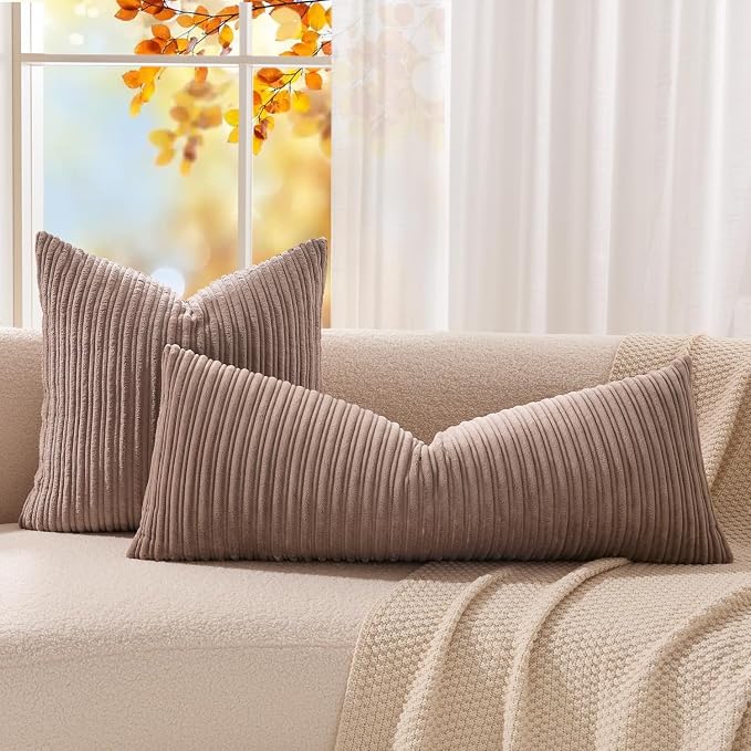 Kevin Textile Striped Corduroy 14”x36” Pillow Cover 1 Pack, Light Brown