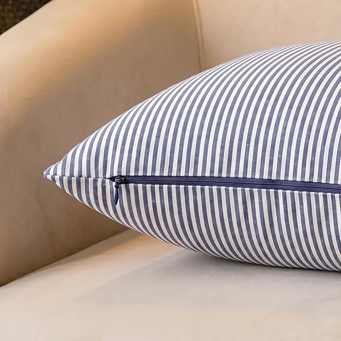CARRIE HOME Blue White Farmhouse Striped Pillow Covers 18x18 Set of 2 Navy Blue Farmhouse Decor Pillows for Sofa Bedroom Chair and Christmas Decoration