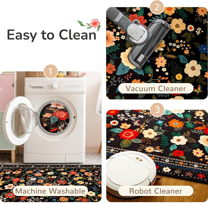 Washable Floral Area Rug for Living Room 5x7 Black | Non-Slip，Vacuum-Friendly, Low Pile, Flower Carpet for Bedroom Kitchen Entryway Dining Room Office Nursery
