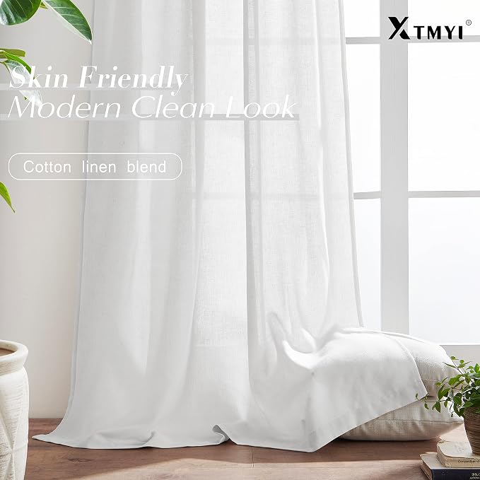 XTMYI 92 Inch Curtains Length 2 Panels Set,Back Tab Linen Sheer Window Curtains Living Room Bedroom,50x92 in Long,White