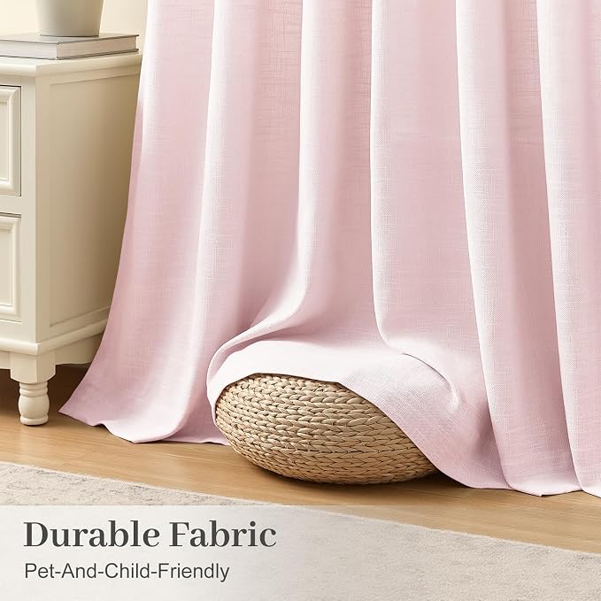 Pink Pinch Pleated 96 Inch Sheer Linen Blend Curtains for Living Room | Light Filtering, Bedroom, Girls Room, Pinch Pleat, Hook Rings, Non See Through, Memory Shape, W40xL96, 2 Panels, Light Pink
