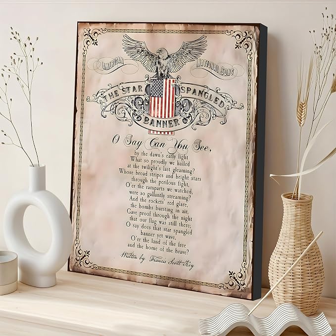 Framed 4th of July Fireworks Wall Art, Patriotic USA Canvas Art Pictures, American Flag Wall Decor, Made in USA Ready to Hang for Living Room Bar Patio