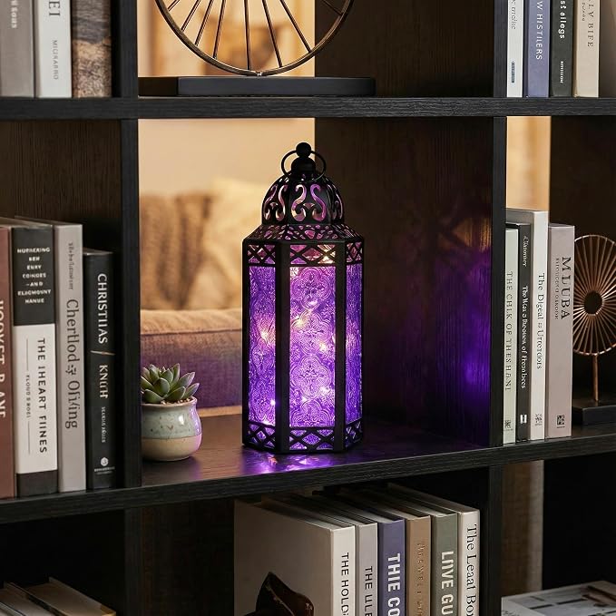 Vela Lanterns Purple Decor Candle Lantern Holder with LED Fairy Lights, M | Halloween Spooky Witch & Vampire Decor, Gothic Whimsigoth Home, Fantasy Flameless Moroccan Metal Hanging Lamp, 10.5" Tall