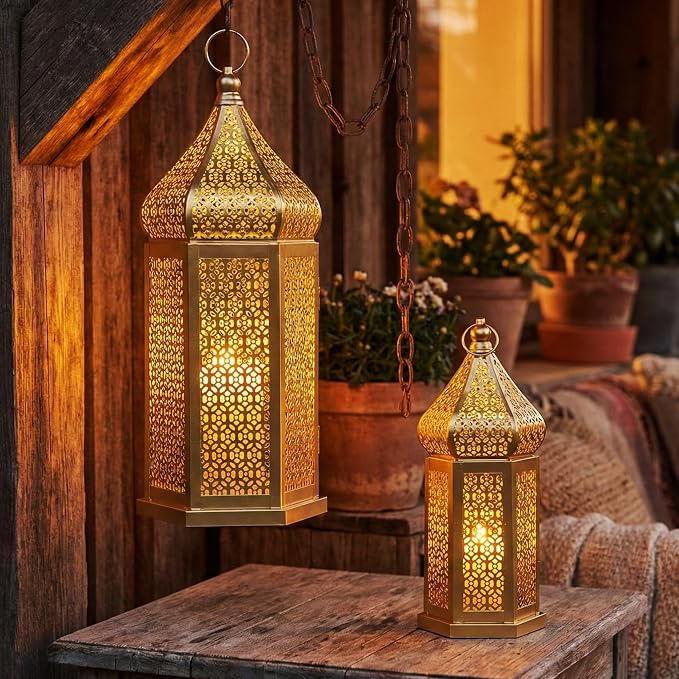Vela Lanterns Decorative Indoor Gold Moroccan Temple Lanterns, Set of 2