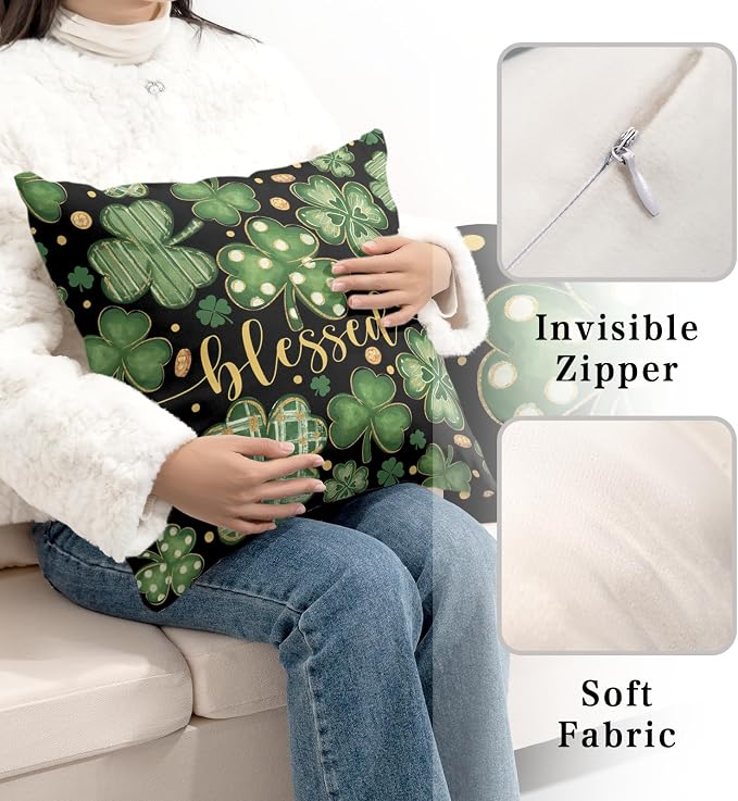 Pack of 2 St Patricks Day Pillow Covers 20x20 Lucky Blessed Shamrock Throw Pillow Covers Green Black Stripes Polka Dots Clover Pillow Cases for Sofa Couch Bed Home Decor
