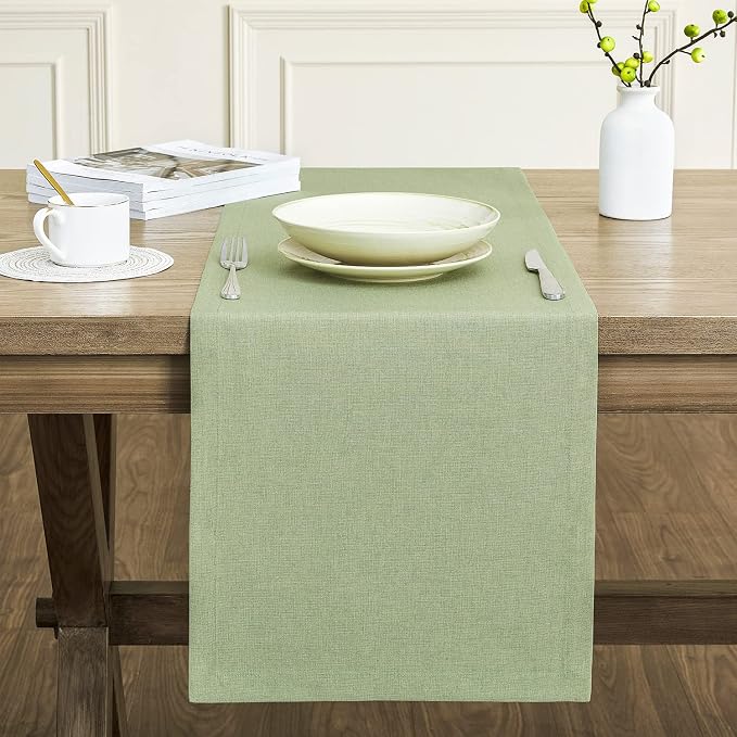 ZeeMart Basic Linen Style Table Runner, 14x48 Inch Sage Green | Mitered Corner Design, Medium Weight Fabric, Rustic Farmhouse Style, Machine Washable Easy Care Everyday Table Scarf