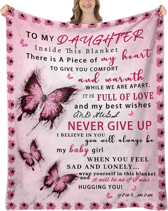 Daughter Blanket from Mom, Daughter Gifts from Mom, Daughters Birthday Gifts, Christmas Birthday Gift for Daughters Adult, Soft Flannel Throw Blanket, Pink Butterfly, 60"x50"