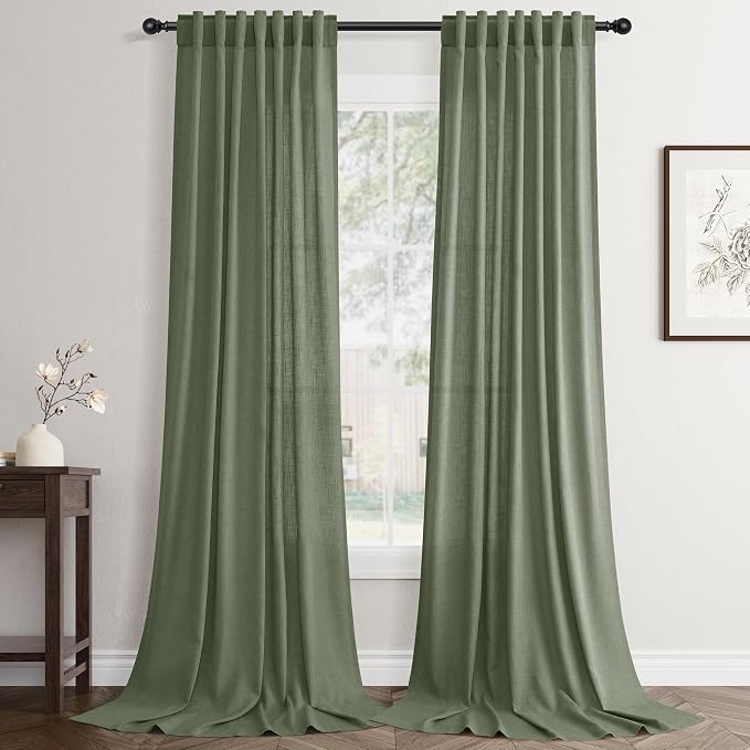 Jowels Desert Sage Linen Curtains 84 Inch Long 2 Panels for Living Room | Light Filtering Semi Sheer Curtain, Back Tab Pocket Pleated Look, Boho Farmhouse Textured Privacy Drapes for Bedroom Window