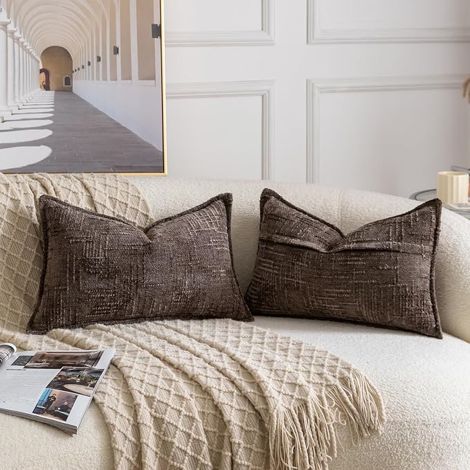 MADIZZ Pack of 2 Chenille Throw Pillow Covers 12x20 Inch Dark Taupe Soft Neutral Decorative Throw Pillows for Couch Sofa Boho Accent Cushion Covers Modern Farmhouse Home Decor for Bedroom Living Room