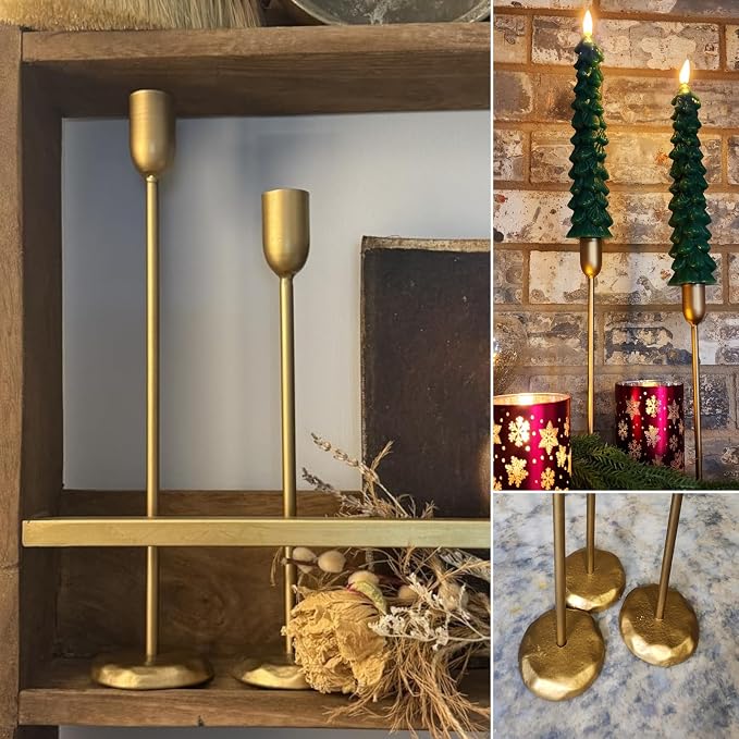 Perfnique Brass Candlestick Holders Set of 3 - Antique Gold Iron Candle Holders for Christmas, Birthday, Wedding, Party, Dining Table, Fireplace Mantel Decor