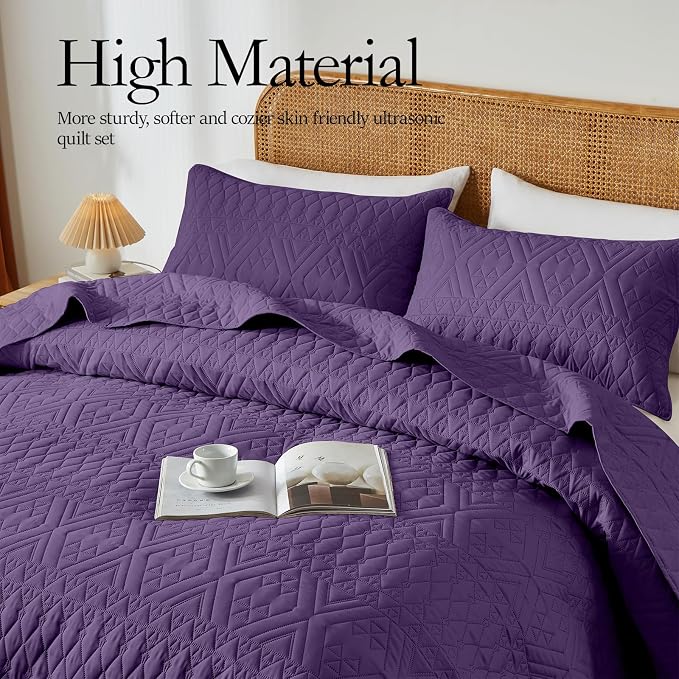 akkialla Twin Quilt Set, Dark Purple Lightweight Microfiber Bedspread Coverlet, Boho Geometric Pattern, Soft All-Season Bedding, 2-Piece (1 Quilt, 1 Pillow Sham)