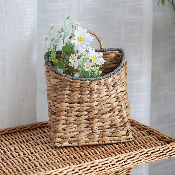 GYASVWU Woven Hanging Basket Water Hyacinth Hanging Wall Basket Wicker Handmade Baskets for Garden Farmhouse Home (Paper rope mouth)