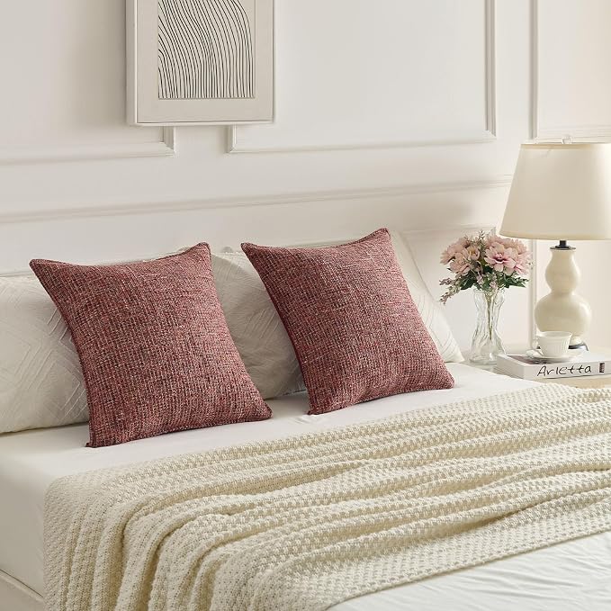 FUTEI Pack of 2 Chenille Tweed Vintage Throw Pillow Covers 24x24 Inch Soft Decorative Euro Pillow Shams Modern Farmhouse Accent for Couch Bed Living Room, Burgundy
