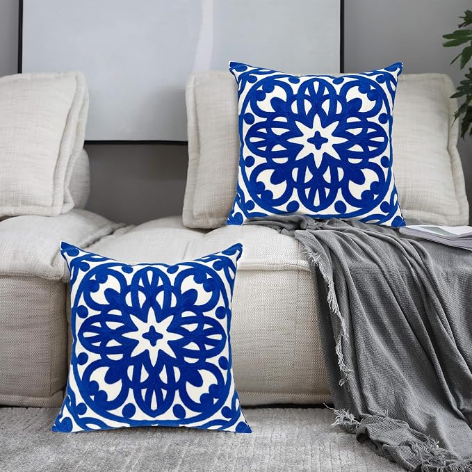 Alysheer Floral Embroidered Spring Decorative Throw Pillow Cover 18"x 18" Set of 2, Boho Mandala Embroidery Royal Blue Patterned Cushion Case for Sofa Couch Living Room Bedroom Outdoor