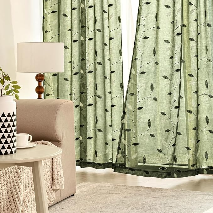MIULEE Olive Green Sheer Curtains 2 Panels Leaf Patterned, W52 x L63 | Embroidered Floral Semi Sheer,Rod Pocket,Faux Linen,Short Window Curtains Drapes Set for Kitchen/Bathroom/Cafe