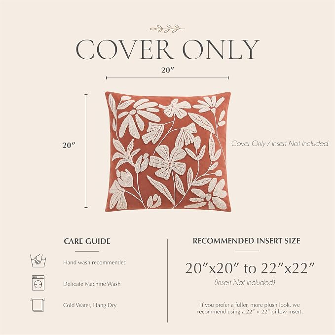 BlissBlush Throw Pillow Cover 20x20 Inch, Rust Terracotta Floral Tufted Velvet Decorative Accent Pillow Case for Sofa Bed Living Room, Cover Only