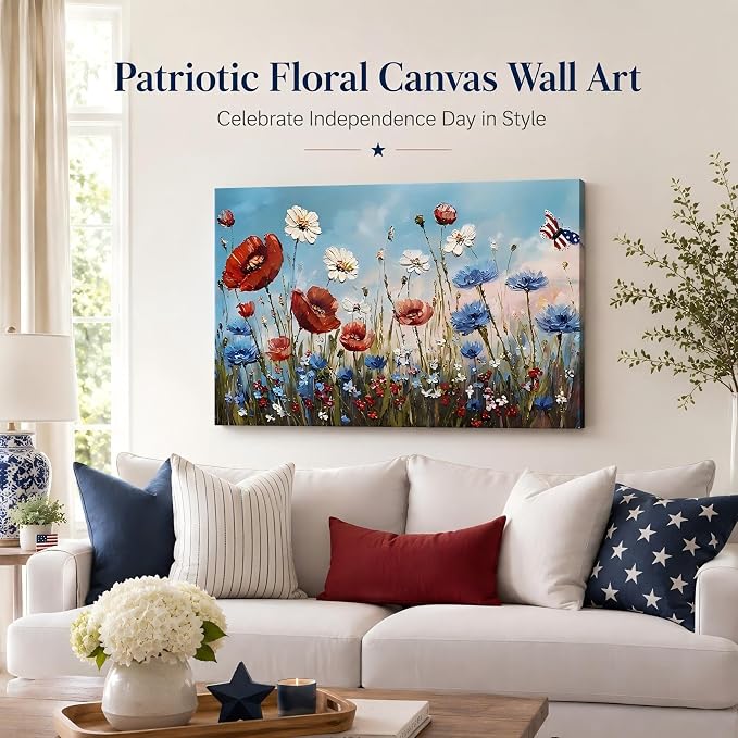 Patriotic Red White Blue Wildflower Wall Art, 4th of July Floral Canvas Prints, Framed Independence Day Wall Decor, American Flag Butterfly Artwork for Bedroom Office, Made in USA