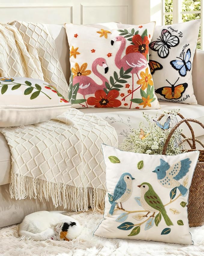 Embroidered Throw Pillow Cover 20x20 Inch - Summer Boho Decorative Pillow Cover with Zipper for Couch Sofa Living Room Farmhouse Cushion Pillowcase, Flamingos Floral