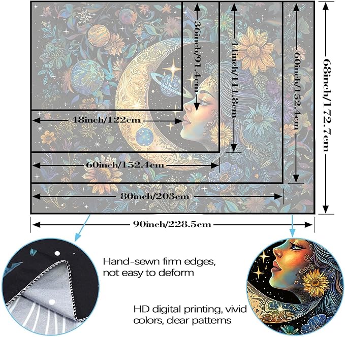 Accnicc Sun and Moon Tapestry for Bedroom Hippie Boho Floral Flower Plant Wall Tapestry Aesthetic Vintage Galaxy Celestial Star Spiritual Large Tapestries Wall Hanging for Living Room Dorm 80 x 60 Inch