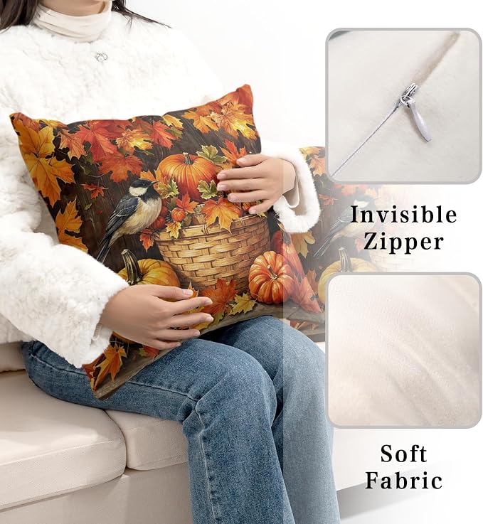 Orange Pumpkin Pillow Covers Autumn Outdoor Pillows Cases Fall Maple Leaf Throw Pillow Covers 18x18 Set of 2 Harvest Thanksgiving Cushion Cases for Home Farmhouse Couch Sofa
